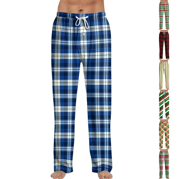 Zimjoy Men's Pajama Pants Comfy Elastic Waist Plaid Pajama Pant Casual Drawstring Warm Fleece Pajama Pants Soft Loose Sleep Pant Christmas Pajama Bottoms with Pockets, Dark Blue L