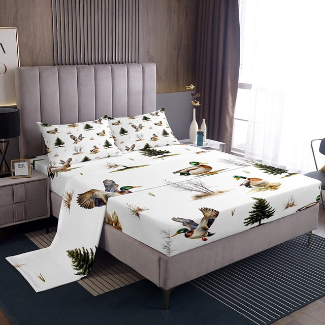 Mallard Duck Hunting Bed Sheets Set Queen Size,Woodland Tree Botanical Branches Sheet Set,Flying Duck Wildlife Safari Animal Bed Set,Rustic Farmhouse Top Sheet Fitted Sheet 2 Pillowcases