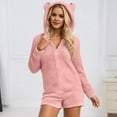 thumbnail image 2 of shoper Womens Onesie Pajamas Sherpa Plush Shorts Jumpsuit Womens Hooded Fuzzy Romper Zipper Bear Sleepwear Playsuit Plus Size Rompers, 2 of 4