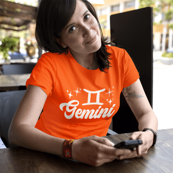 Respect My Tshirt - Gemini Zodiac Sign Graphic T-Shirt, Astrology Symbol Design, Crew Neck, Orange, Small