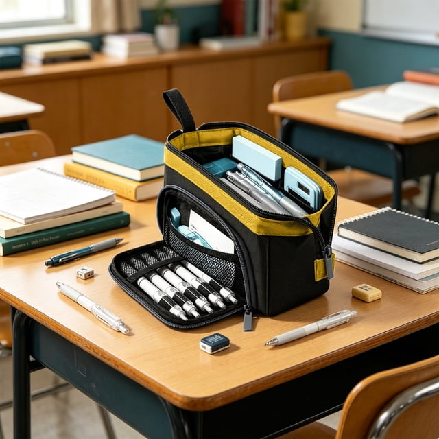 Estuche para lápices de gran capacidad con asa, organizador escolar unisex de poliéster resistente, múltiples compartimentos, 22x8.5x13 cm.