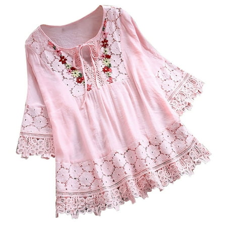 Pejock Womens 3/4 Bell Sleeve Blouse Summer Plus Size Crewneck Lace Tops Floral Textured Babydoll Shirts Pink M (US Size:14)