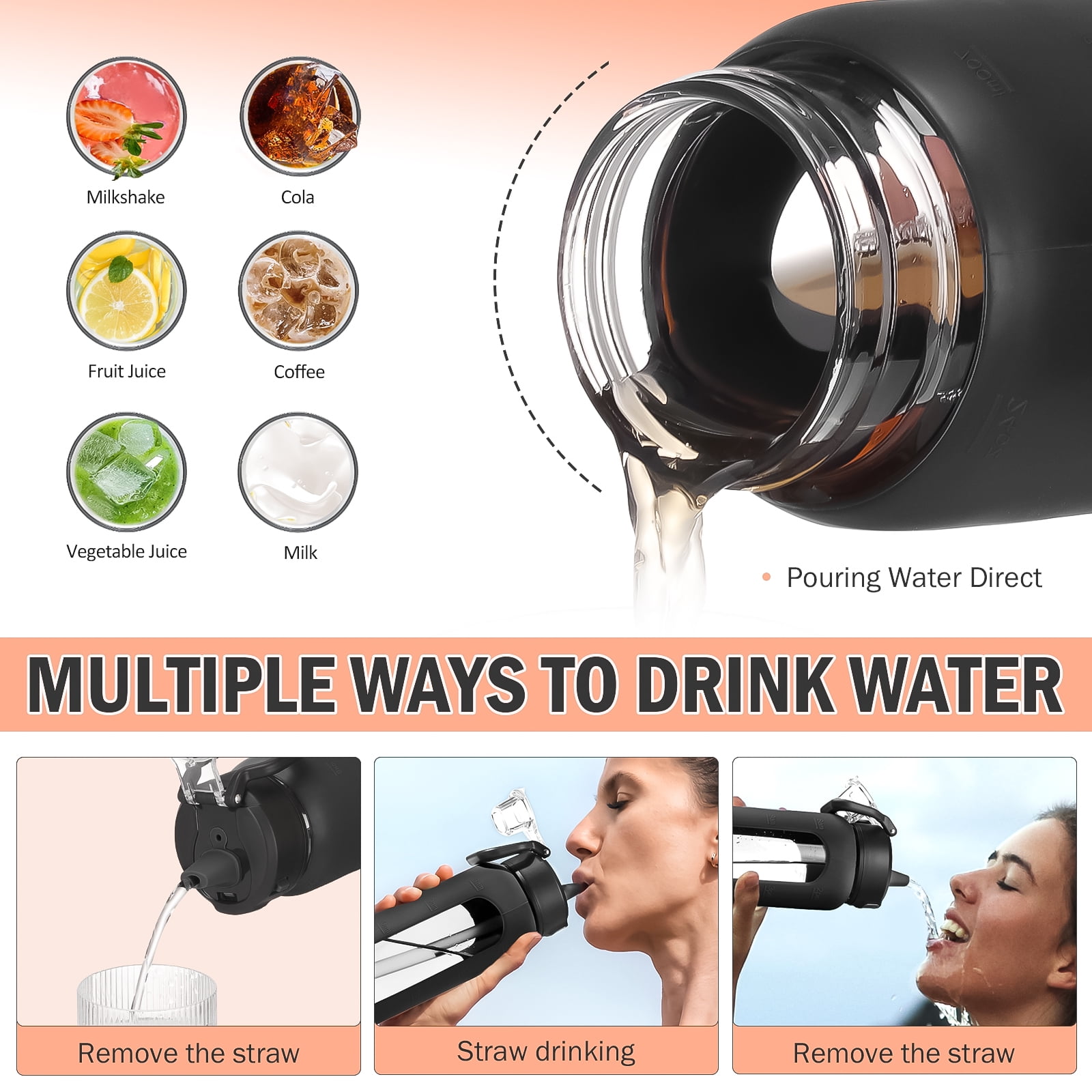 MUKOKO Water Bottle, 24oz Glass Drinking Bottle with Straw, Motivational Water Bottle with Leak Proof Locking Lid , Travel Sports Water Jug with Water Marker, Black