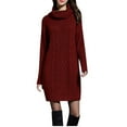 thumbnail image 2 of Women's Solid Elegant Stretchy Long Sleeve Turtleneck Sweatshirt Short Dress, Fall and Winter Casual Wear with Comfortable Fit, Versatile for Daily Use,Wine,2XL, 2 of 5
