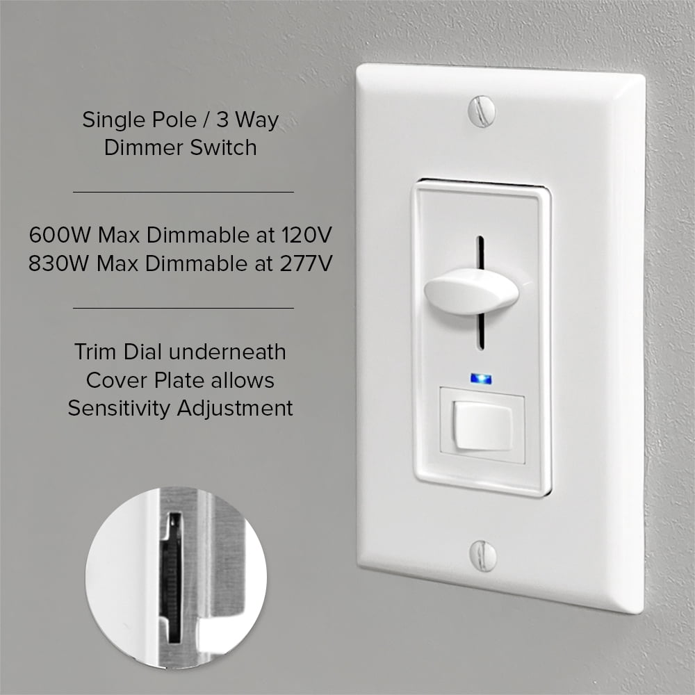 Maxxima Dimmer Electrical Light Switch - Featuring Blue Indicator Light, LED Compatible, 3-Way/Single Pole Use, 0 - 10V, 960 Watt Max, Dimmable Lamp and Lighting Control, White Wall Plate Included