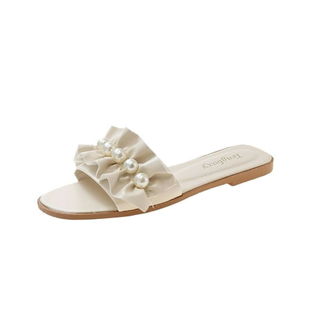 

2023 Summer Savings! WJSXC Womens Sandals Clearance Womens Pearl Slippers Wind Seaside Holiday Shoes Flat Bottom Sandals Flip Flops Beige 6.5