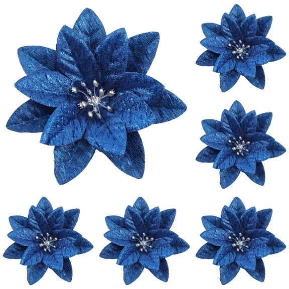 Christmas Poinsettia Flowers 12Pcs Glitter Cloth Artificial Flowers for Tree Wreath Garland Floral Holiday Decor Blue
