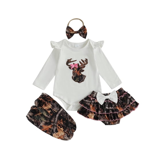 BemeyourBBs Newborn Baby Girl Deer Hunting Outfits Camo Outfit Deer Embroidery Ruffle Long Sleeve Romper Jungle Camo Skirt Headband Socks Set Cute Baby Spring Fall Clothes