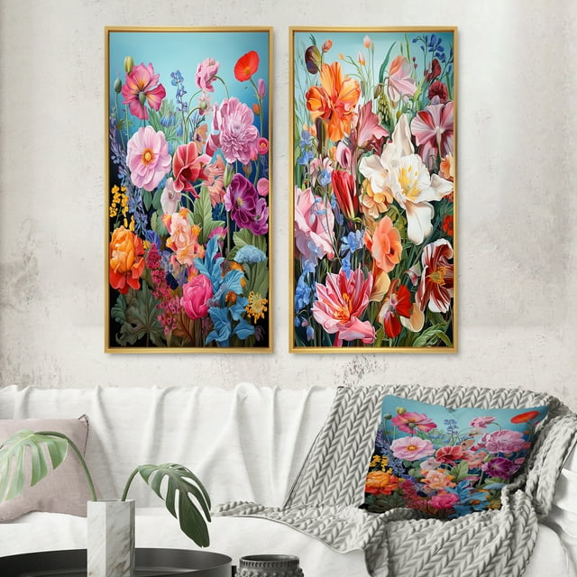 Designart "Mountain Spring Celebration of Wildflowers III" Wildflowers Framed Wall Art Set Of 2 - Traditional Pink Gallery Wall Frame Set For Home Decor