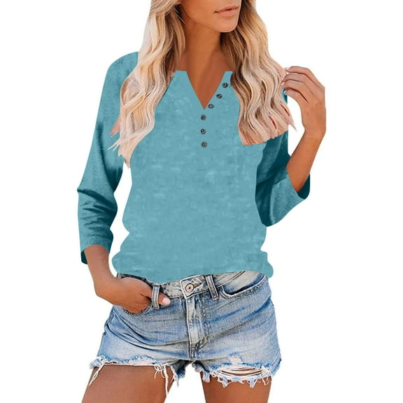 Moxiu 3/4 Length Sleeve Womens Tops Color Block Button V Neck Henley Raglan Shirts Cotton Blouses for Women Dressy Casual Blue,L
