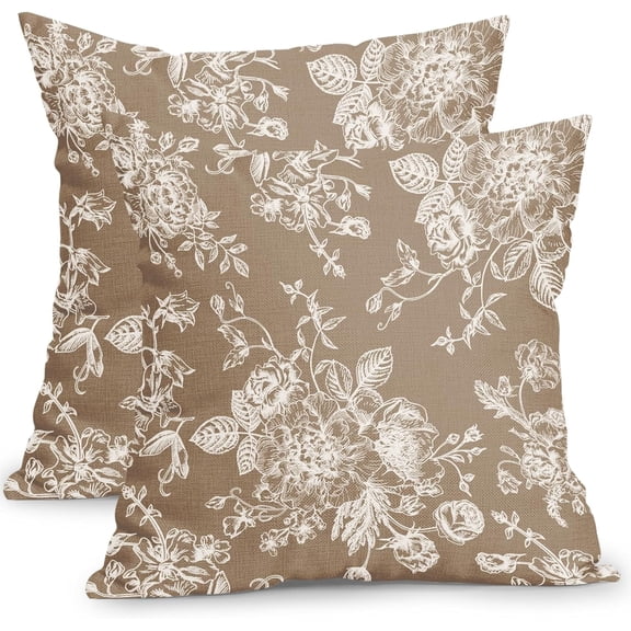 Vintage Floral Pillow Covers 16x16 Inch Set of 2 Tan Floral Outdoor Decorative Throw Pillows Chinoiserie Flower Pillowcases Rustic Farmhouse Cushion Covers for Couch Home Decor