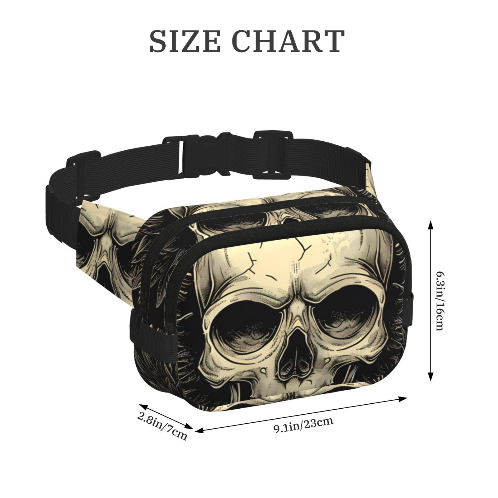 Fuzoiu Gothic Winged Skull Print Unisex Square Double Layer Waist Bag,Crossbody Fanny Pack Travel Workout Accessory