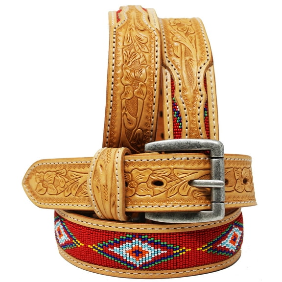 29-30  Unisex 1.5" Western Floral Tooled Beaded Full-Grain Leather Belt 26RT27