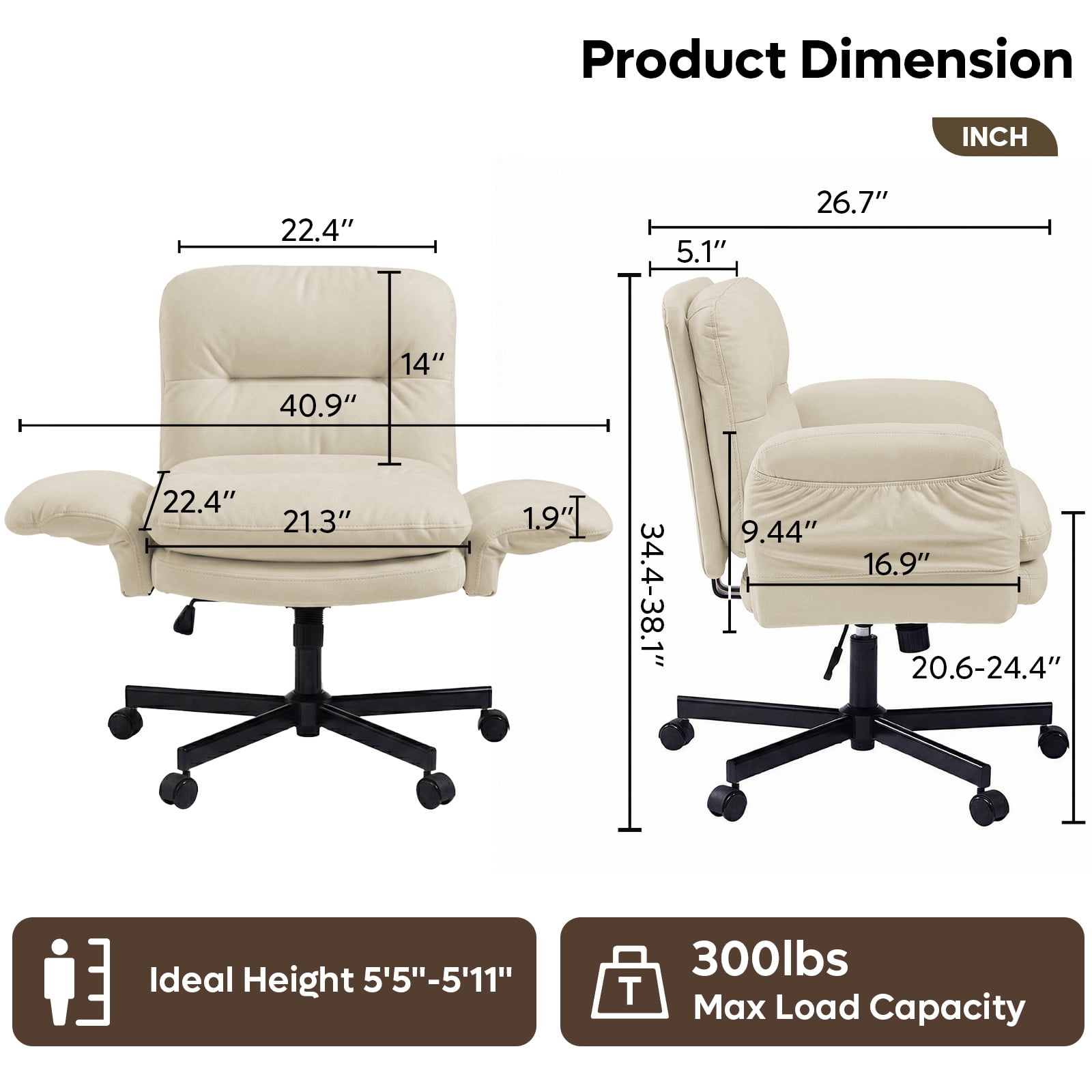 Bestier Office Chair Criss Cross Chair with Flip-Up Arms, Adjustable Height, Comfy Computer Chair, Vanity Chair with Side Pockets, Beige,PU Leather