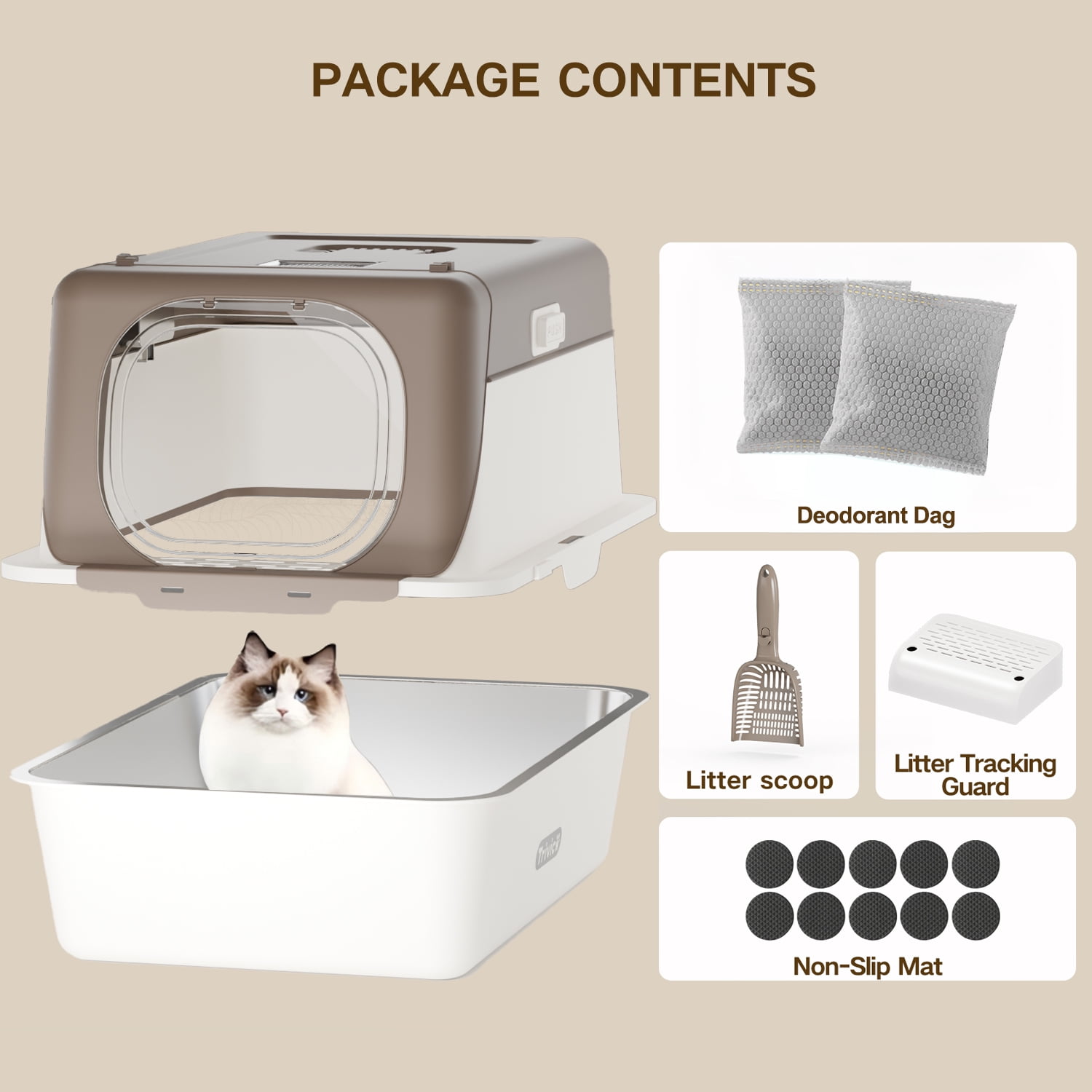 Stainless Steel Cat Litter Box with Lid, XX-Large Extra Large Litter Boxes for Large Cats,Enclosed Removable Metal Kitty Litter Box with High Sided,Magnetic Door,40L Box, Litter Trap Step/Mat（brown）