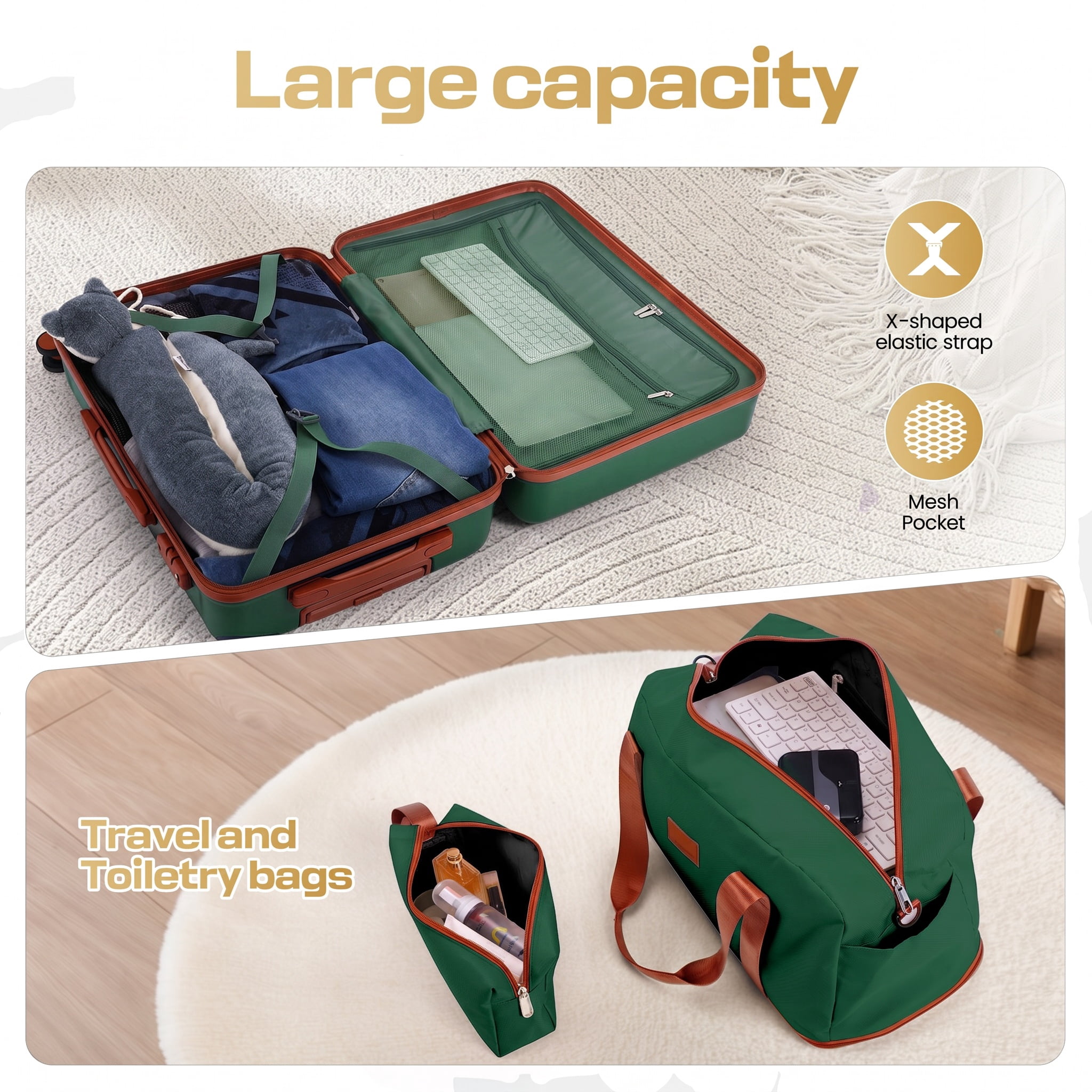 HOTEEL 3 Piece Hardside Luggage Set, TSA Lock, Lightweight Travel Cases with 360°Spinner Wheels,Green