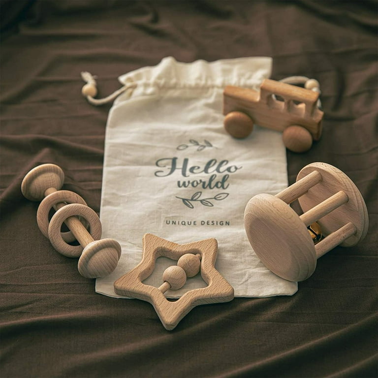 Wooden Baby Toys Wooden Rattle 4PC Handmade Natural Organic