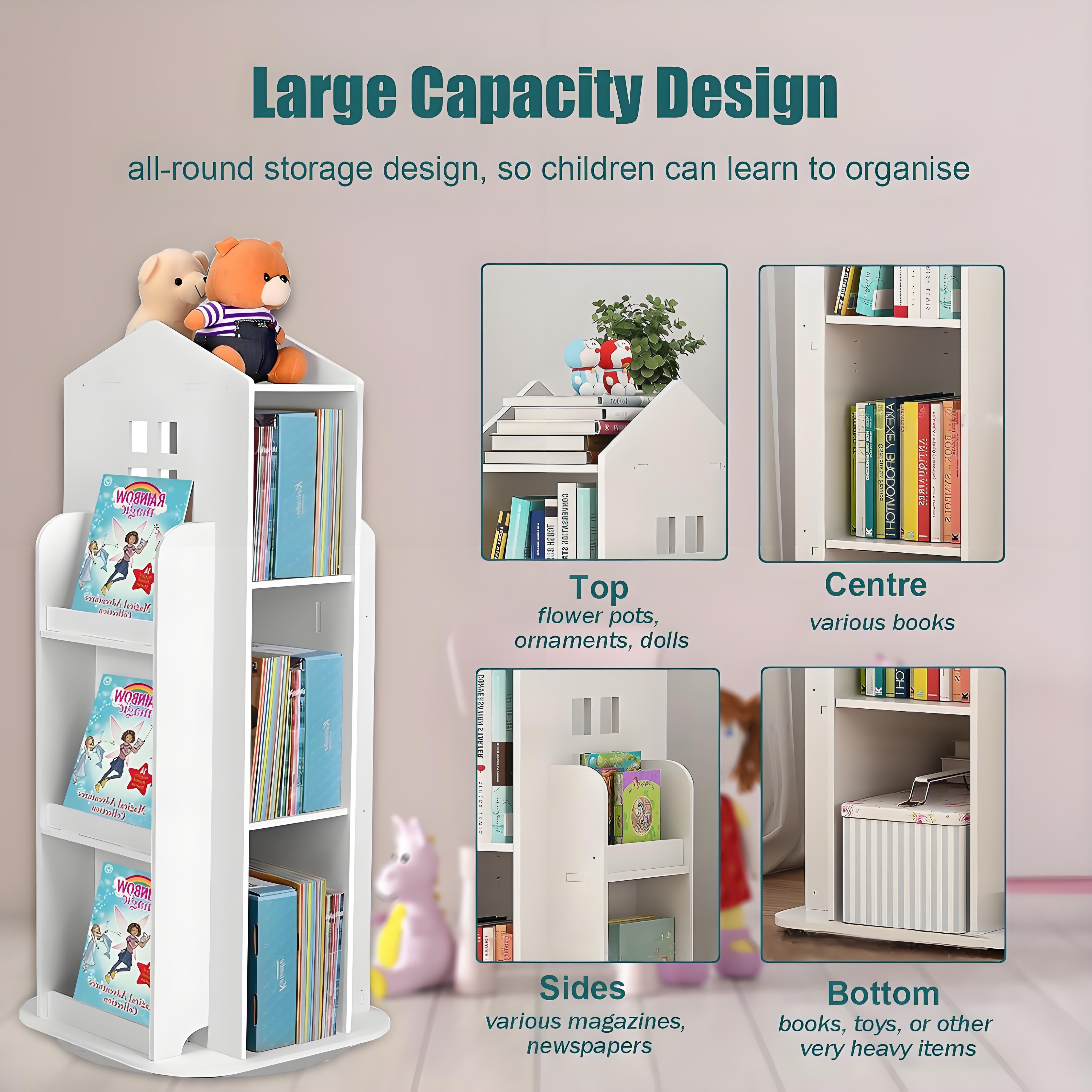 Gtouse 3 Tier Rotating Bookshelf, 360° Display Corner Bookshelf, Wooden Floor Standing Bookcase