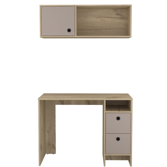 Office In Oak - Desk With Two Drawers And Shelf, Wall Cabinet Particle Board Taupe Ornaments Quality Assurance