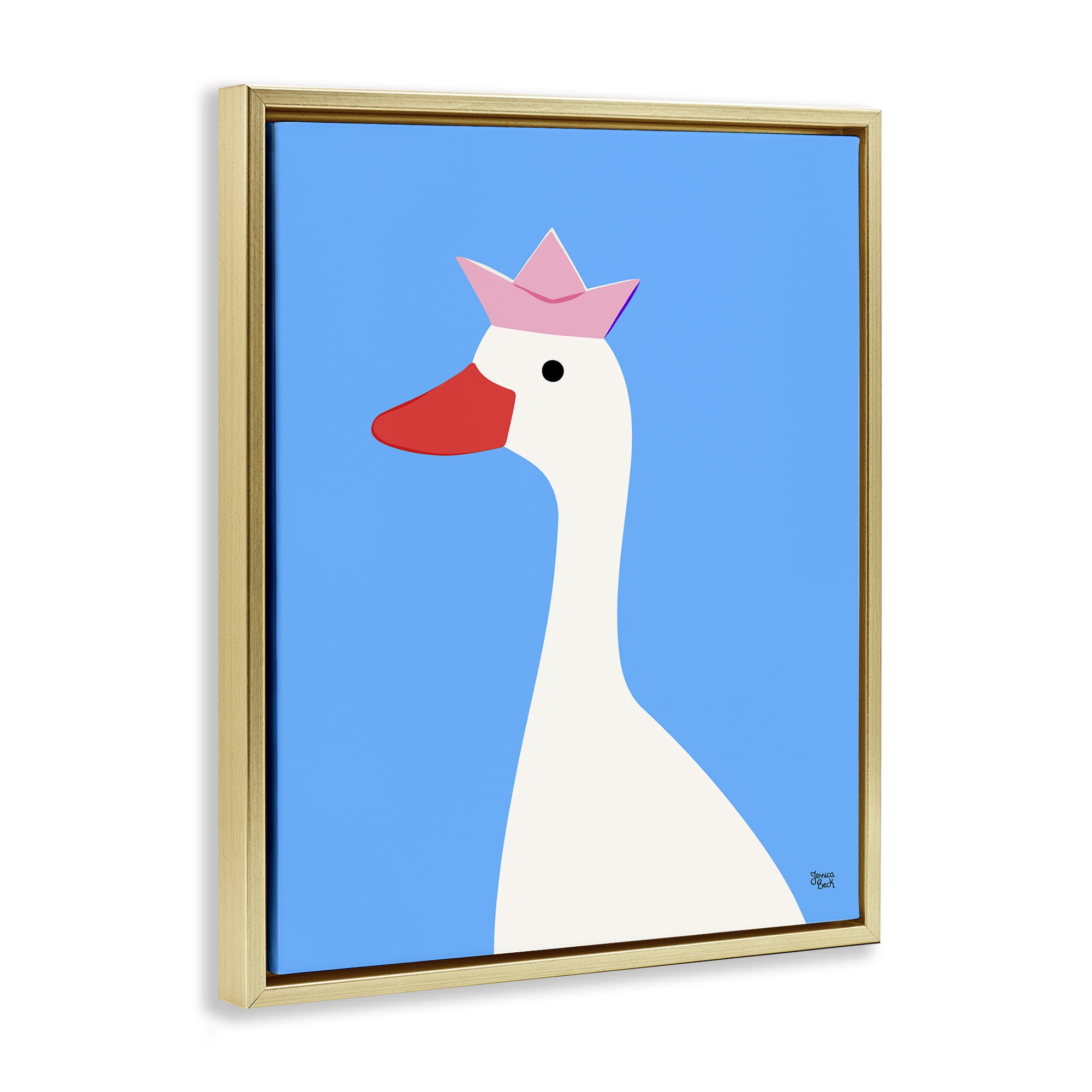 Stupell Industries Crowned Goose on Blue Animals Painting Gold Floater Framed Canvas Art Print Wall Art, 17 x 21