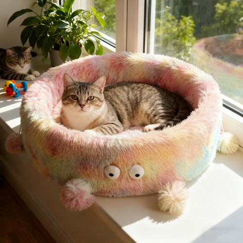 Colourtree Cute Colorful Plush Cat Bed - Monster Design Fluffy Pet Bed with Pom Poms, Soft Warm Comfortable Nest for Indoor Cats, Ideal for Napping & Lounging