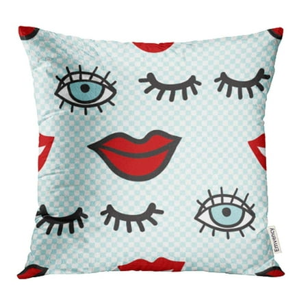 CMFUN Lowered Lashes Blue Eye Smile Red Lips Cute and Funny Modern Doodle Pop Sketch Pillow Case Pillow Cover 16x16 inch Throw Pillow Covers