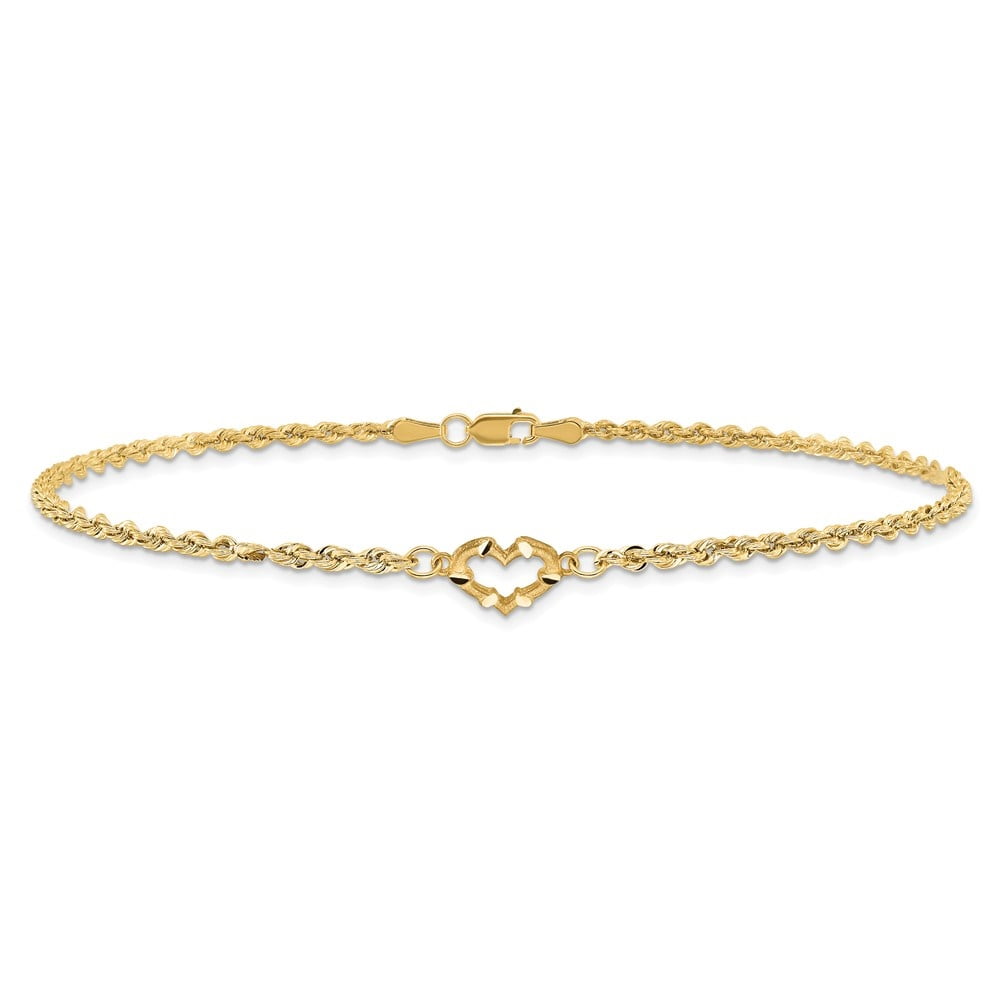 14K Yellow Gold Diamond-Cut Open Heart Rope Chain Anklet Valentine Day Gift for Women 9"