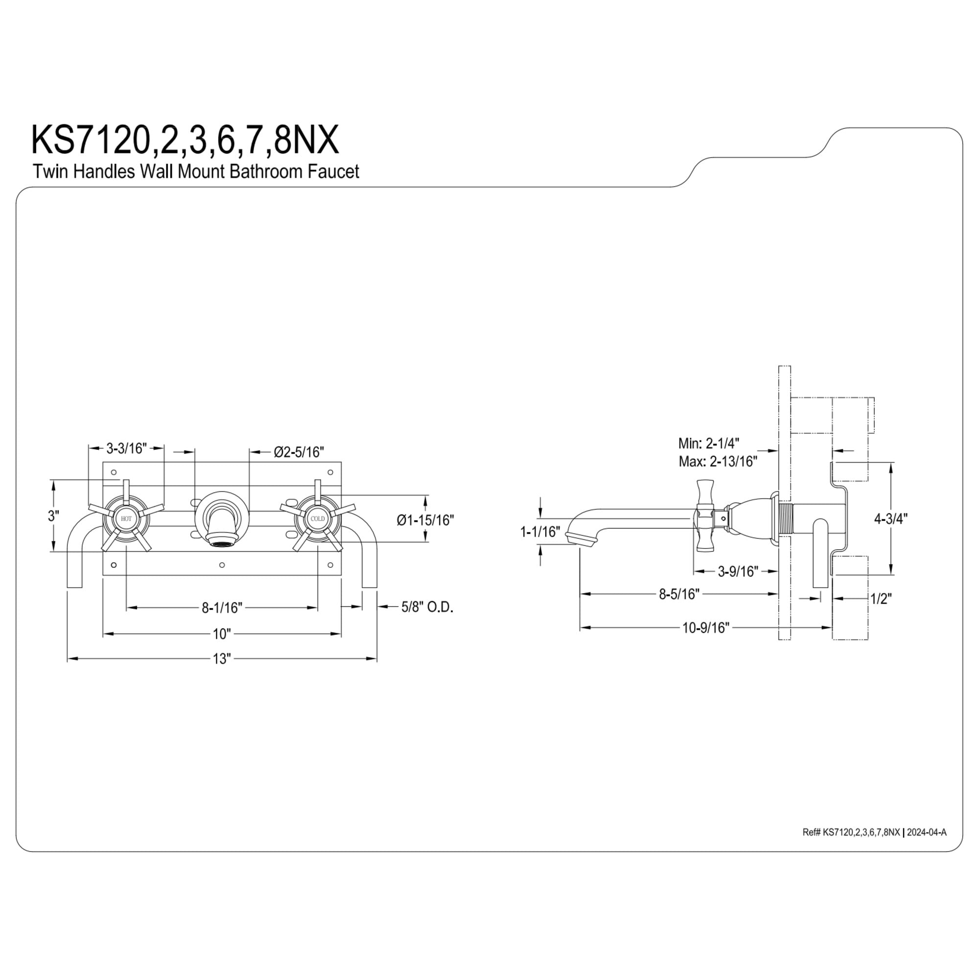 Kingston Brass KS7126NX Hamilton Double-Handle 3-Hole Wall Mount Bathroom Faucet in Polished Nickel