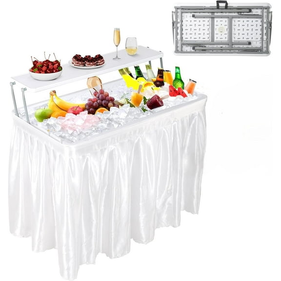 Outdoor Ice Cooler Folding Table with Drain, Two-Tier Ice Tables with Removable Skirt and Extra Storage Shelf, Indoor Outdoor Use for Events, Parties, Wedding, Camping, BBQ, White