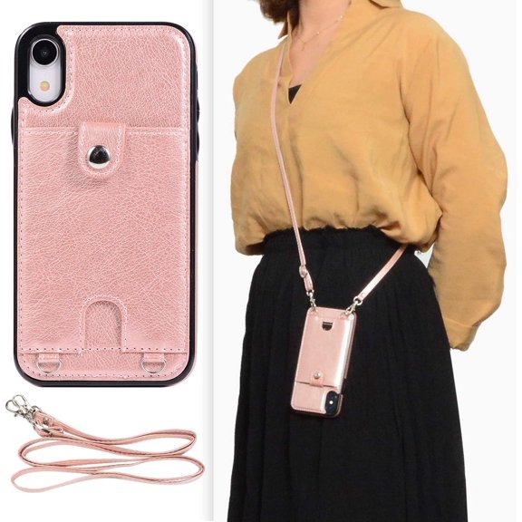 iPhone XR PU Leather Wallet Case for iPhone XR Necklace Lanyard Case Cover with Card Holder Adjustable Detachable Anti-Lost Neck Strap for Apple iPhone XR,Rose Gold