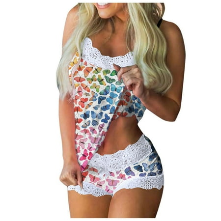 

2022 Latest Women Print Pajamas Sleeveless Lace Cami Shorts Lingerie Sleepwear Set