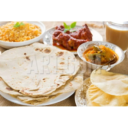 Chapatti Roti or Flat Bread, Curry Chicken, Biryani Rice, Salad, Masala Milk Tea and Papadom. India Print Wall Art By