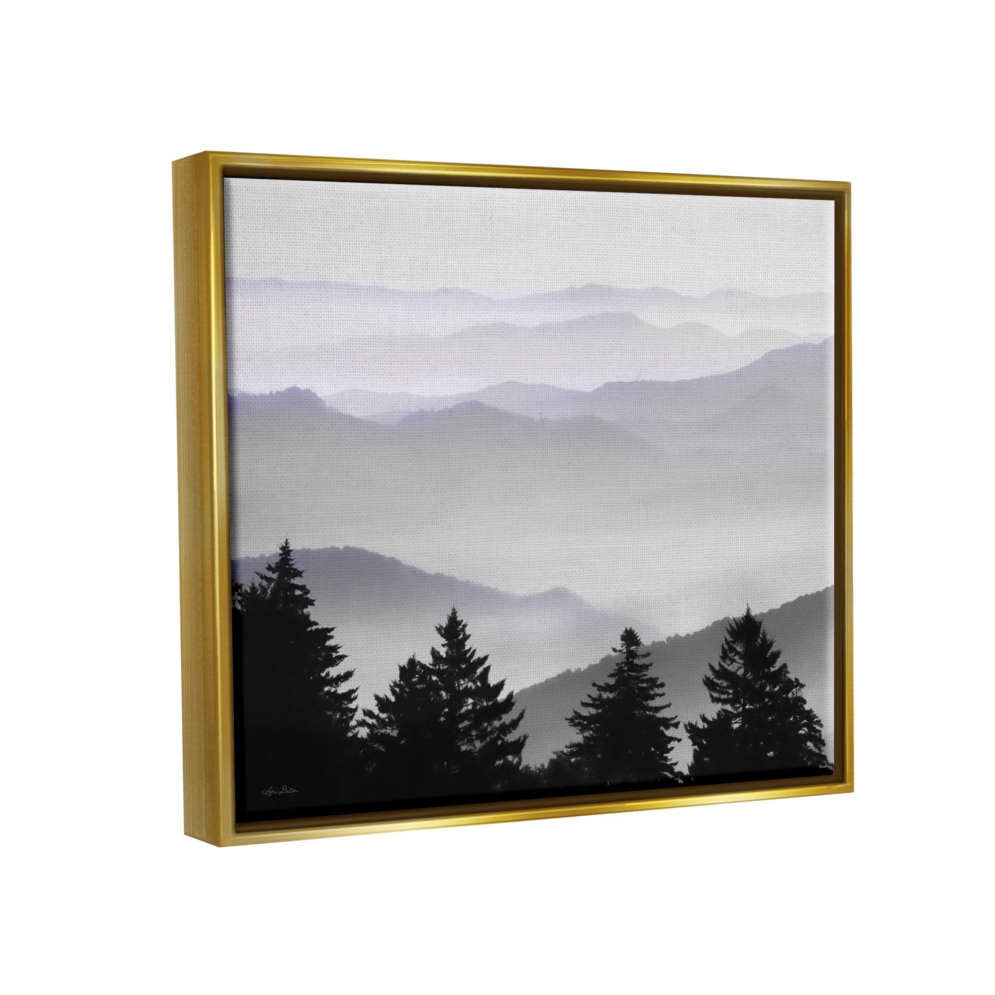 Stupell Industries Pine Trees Silhouettes Foggy Mountain Range Peaks Photograph Metallic Gold Floating Framed Canvas Print Wall Art, Design by Lori Deiter