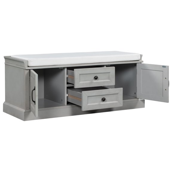Storage Bench, Shoe Bench with 2 Drawers and 2 Cabinets, End of Bed Bench with with Removable Upholstered Cushion for Living Room, Bedroom and Entryway, Gray Wash