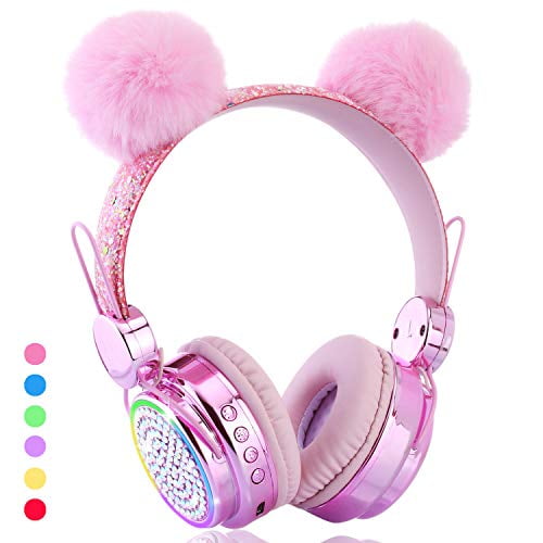 FLOKYU Wireless Kids Headphones Glitter Bear Ear Bluetooth Headphones