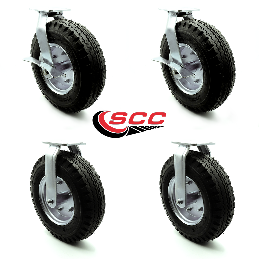 12" Pneumatic Caster Set of 4 2 Swivel with Brakes/2 Rigid Black