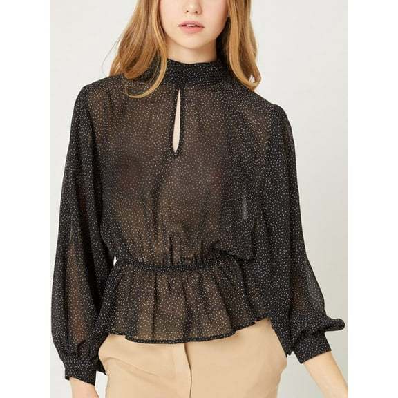 Women Polka Dot Sheer Chiffon Sleeve Mock Neck Keyhole Blouse Top