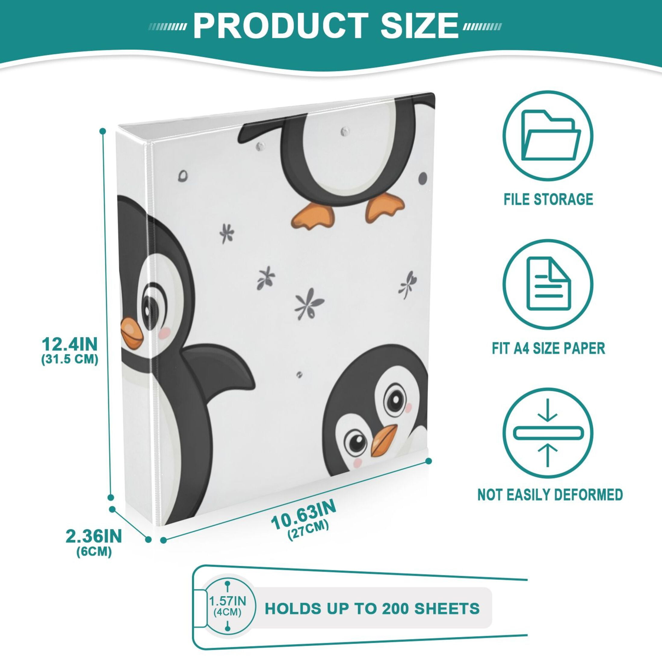 Penguins Cute 3 Ring Binders 1.5 inch Hardcover File Folders with Interior Pockets A4 Size Organizer for School Office Hospital