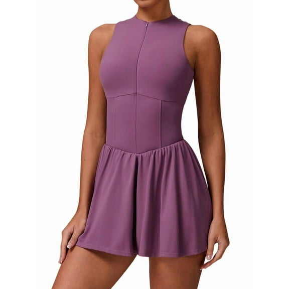 Womens Tennis Golf Dress with Built-in Bra Shorts Zipper Slim Fit A-Line Hem Skirt Athletic with Pockets S