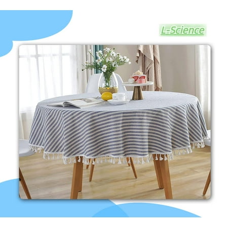 

Striped Tassel Round Tablecloth Cotton Linen Wrinkle Resistant Table Cover