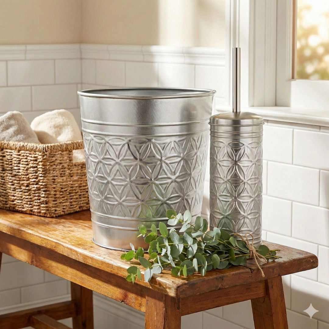 Autumn Alley Brushed Nickel Bathroom Trash Can and Toilet Bowl Brush with Holder - Silver Bathroom Garbage Can Set for Charming Bathroom Accessories Décor