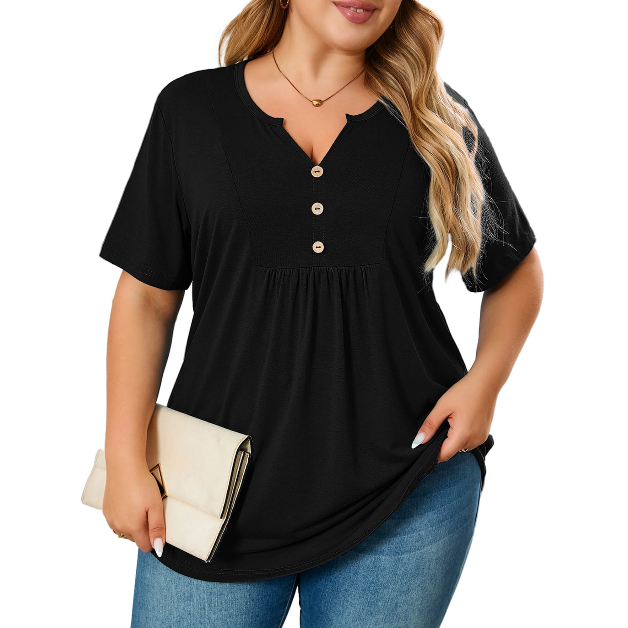 SHOWMALL Women's Plus Size Tunic Tops Short Sleeve Henley Shirt V Neck Button Up Blouse Black 3X Casual Pleated Basic Pullover