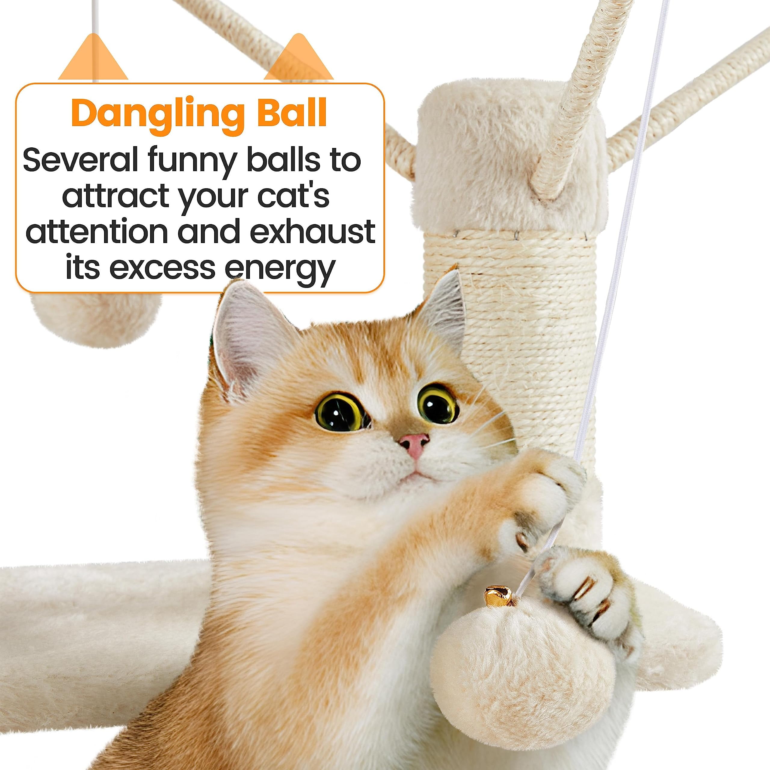 Cat Tree for Indoor Cats, 67 Inch Tall Cat Tower with Scratching Posts, Multi-Level Cat Condo with Removable Fur Ball Toys, Cozy Perch, Soft Hammock, Modern Cat Climbing Furniture, Beige