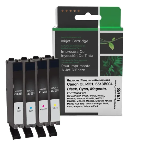 Remanufactured Clover Imaging Black, Cyan, Magenta, Yellow Ink Cartridges compatible with Canon CLI-251 (6513B004) 4-Pack