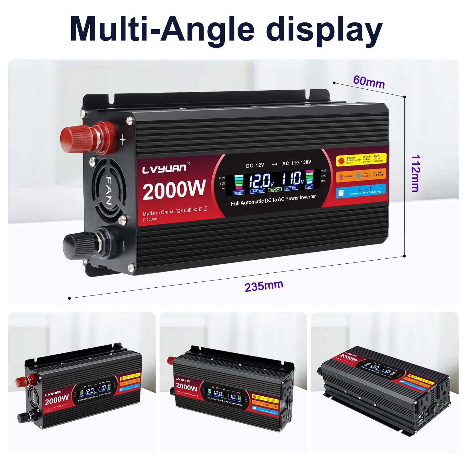 LVYUAN 1000W 2000W Modified Sine Wave Peak Power Inverter, 12V DC to 110V AC Car Inverter with Dual USB & AC Outlets, LCD Display, Black for RV, Truck, Camping, Travel (Inversor de Energía para Auto)