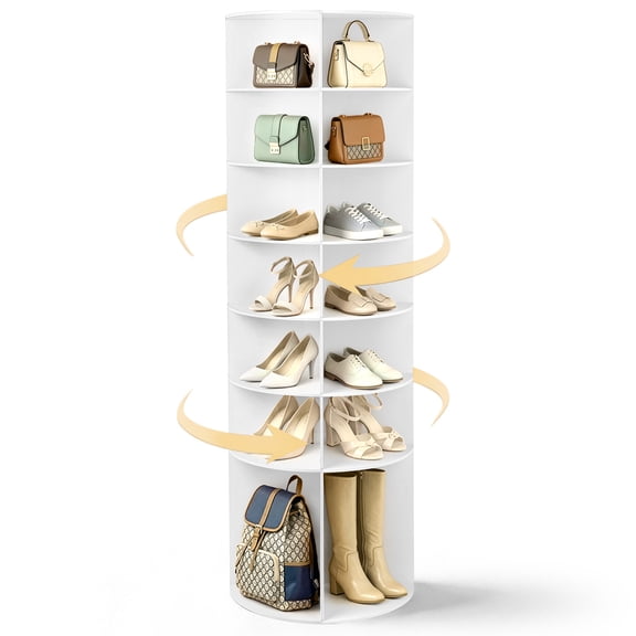 Ktaxon 7-Tier Rotating Shoe Rack Tower, Free Standing 360° Revolving Organizer, 28 Pairs of Shoes/ Bag, White