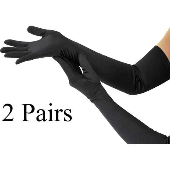 2 Pairs Long Black Opera Gloves for Women, 1920s Satin Stretchy Elbow Length Party Gloves Costumes Bridal, 20inch