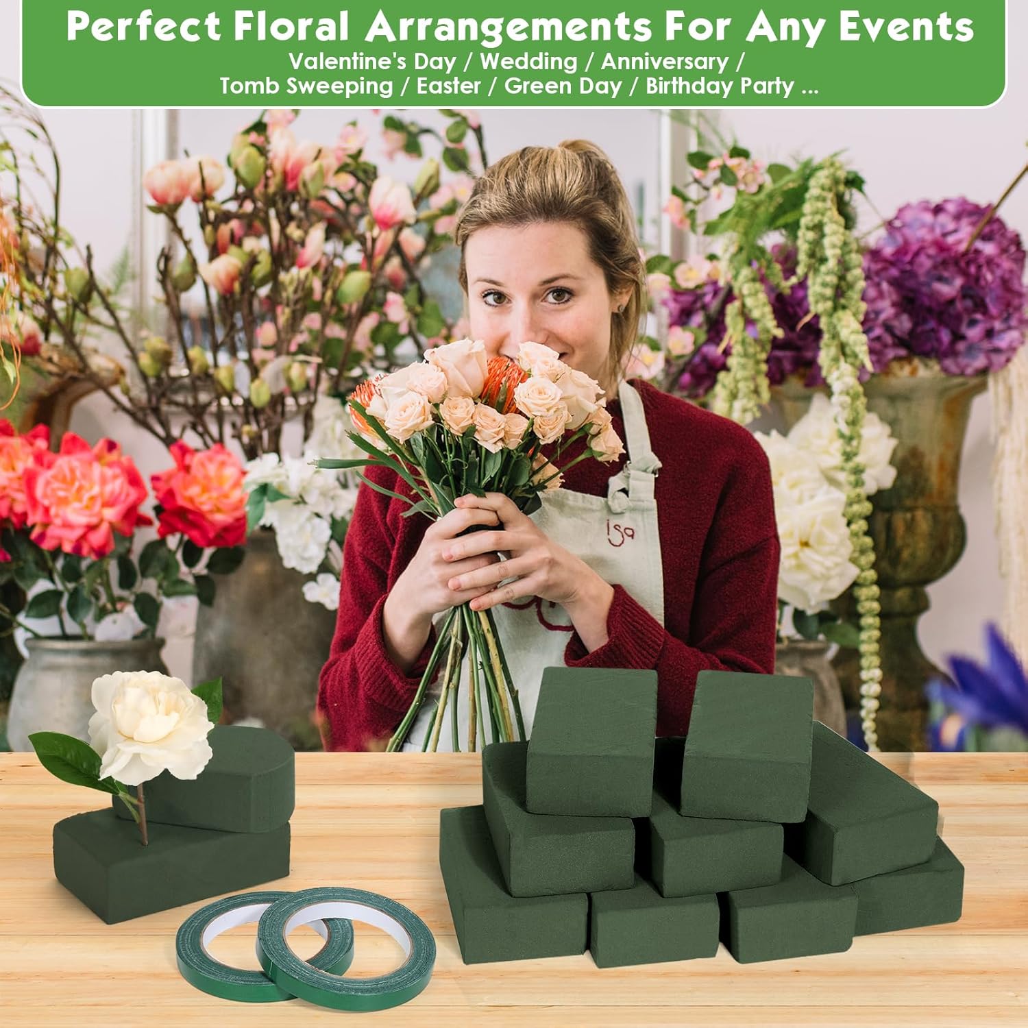 10 Pcs Small Floral Foam Blocks 5.5” x 3.1” x 1.7”, with 2 Rolls Waterproof Floral Tape - 12mm x 65.62ft, for Fresh or Artificial Flower Arrangements, DIY Wedding, Home Decor, and Crafts