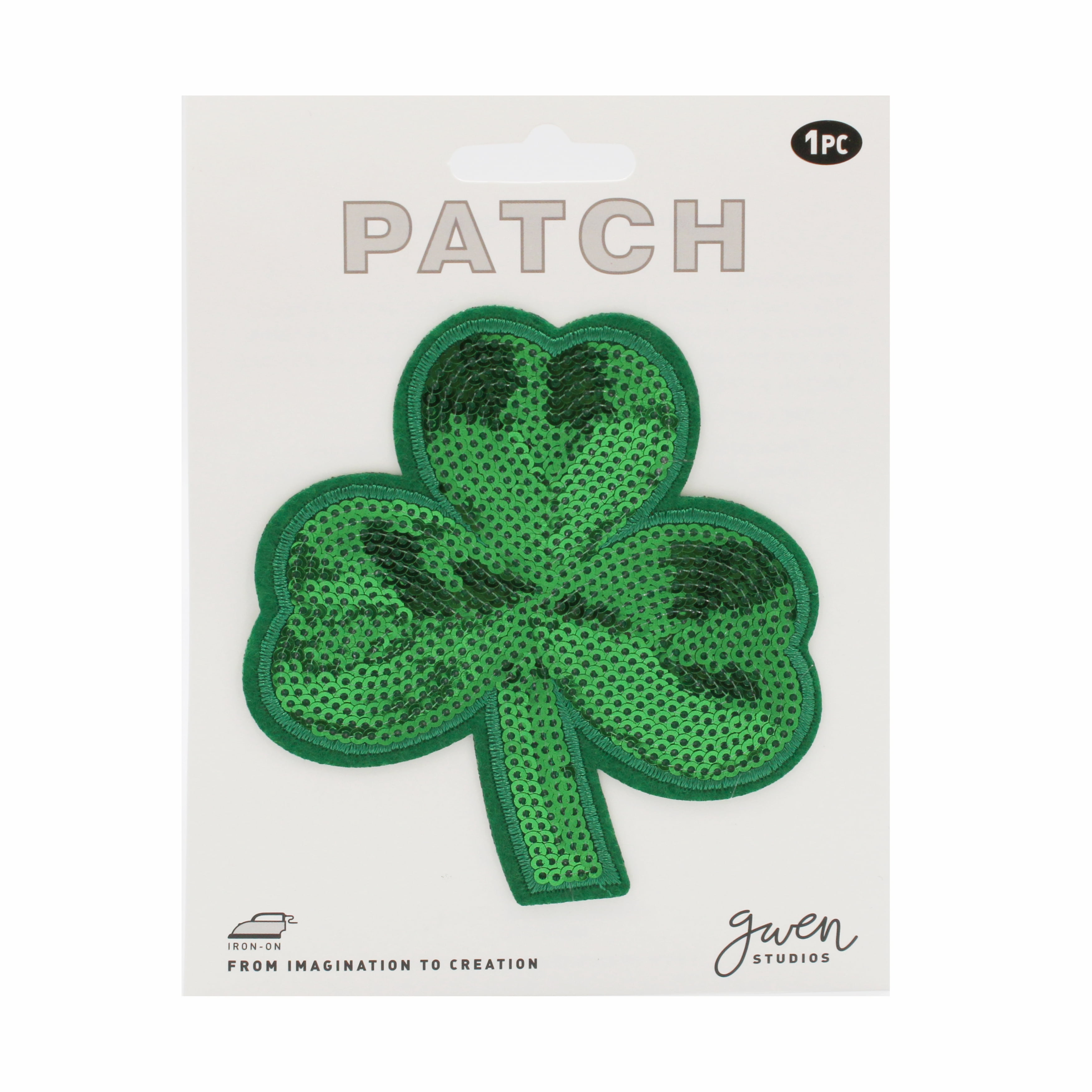 (2 pack) Gwen Studios Embroidered Sequin Green Clover Iron-on Patch Applique, 3.6" x 3.9"