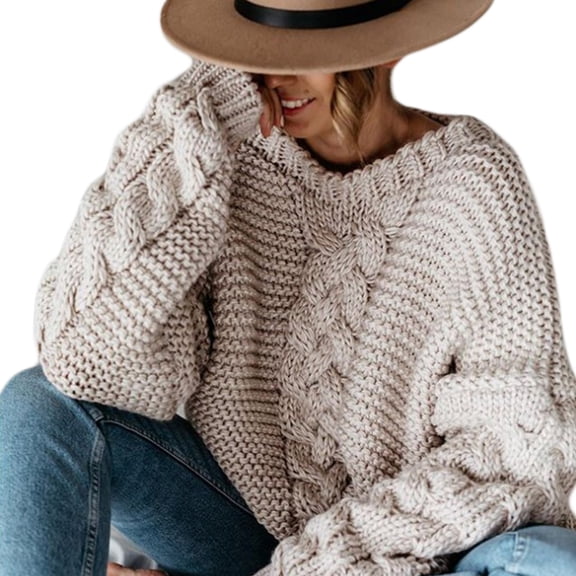 Yokua Women Winter Long Sleeve V-Neck Sweater Chunky Braided Cable Knitted Pullover Top Solid Color Casual Loose Jumper Shirt Streetwear